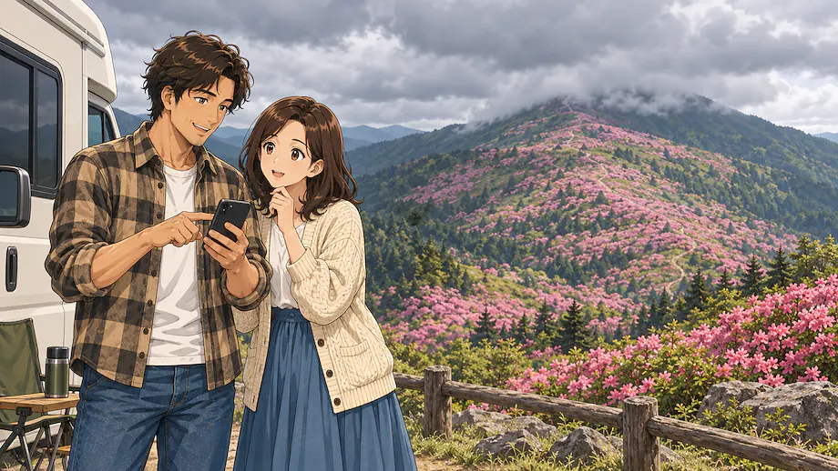 Illustration of the scene described by Beautiful flowers are blooming from the top of the mountain to the bottom.