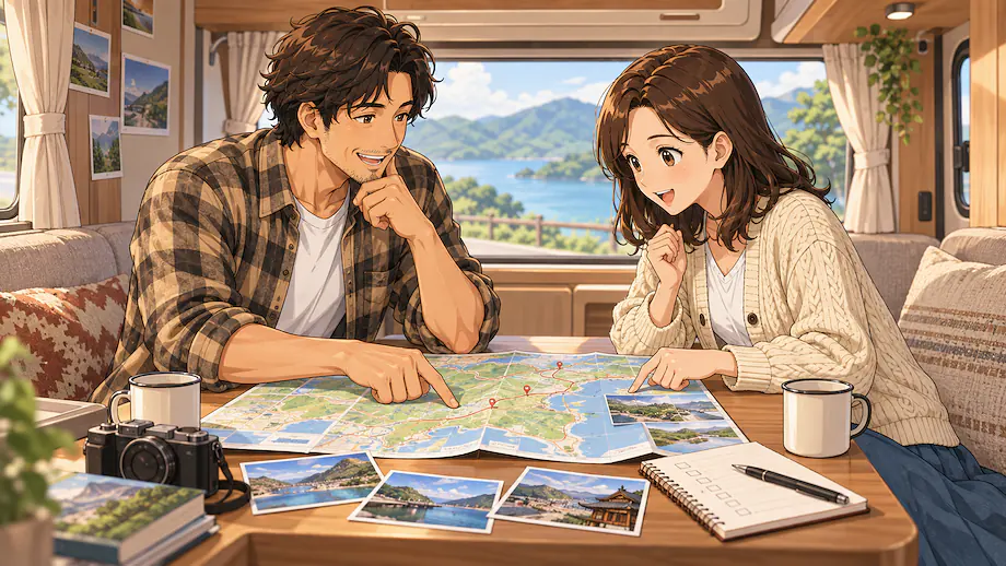 Illustration of the scene described by After discussing it with my family, I decided on our travel schedule.