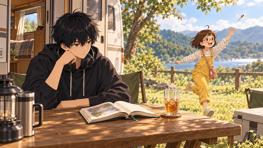 Illustration of the scene described by There is a half-read book left on the desk.