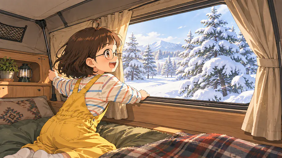 Illustration of the scene described by When I opened the curtains, I found snow piled up outside.