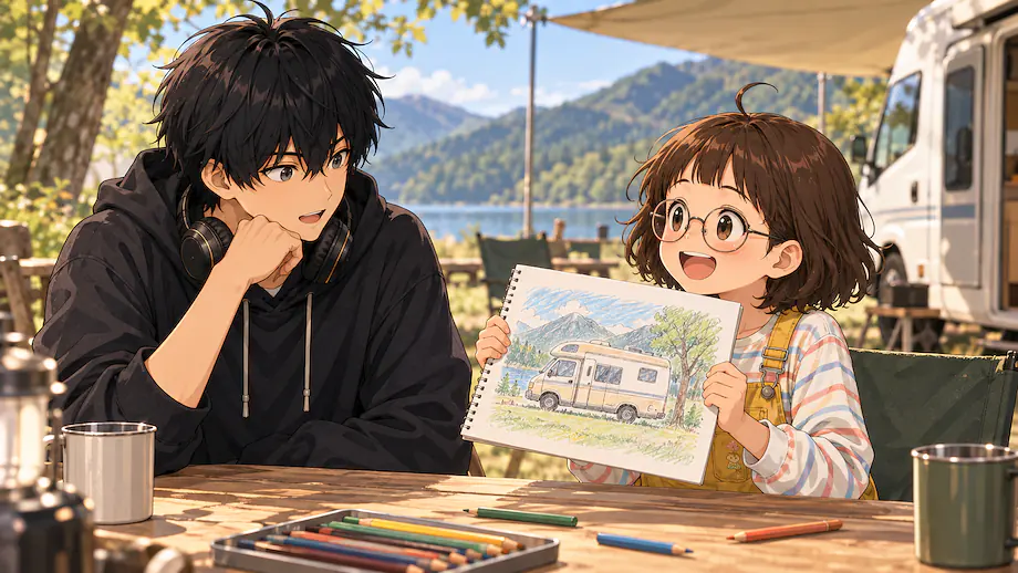Illustration of the scene described by For something drawn by a child, it is very skillful.