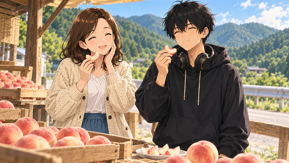 Illustration of the scene described by Considering how cheap the price was, they were very delicious peaches.