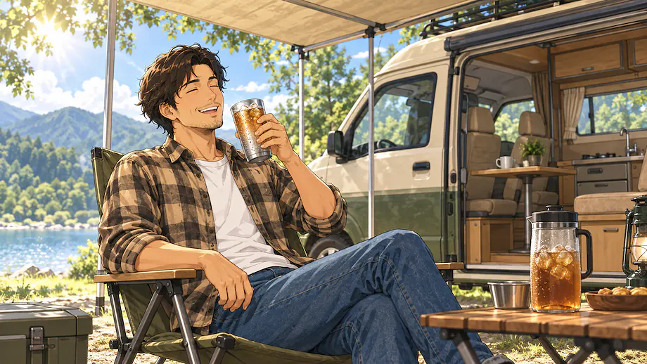 Illustration of the scene described by When camping on a hot day, nothing beats cold barley tea.
