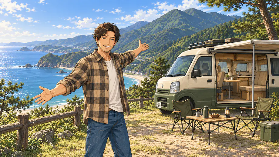 Illustration of the scene described by This campsite is close to the sea, and there are mountains too.
