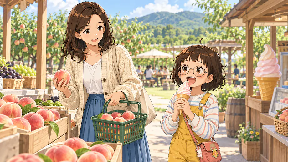 Illustration of the scene described by At this farm, you can eat not only fruit, but ice cream too.