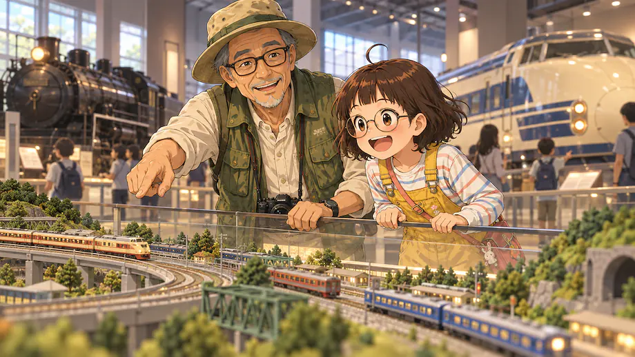 Illustration of the scene described by This railway museum is fun for adults too, not just for children.