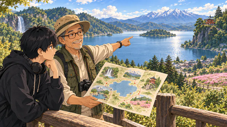 Illustration of the scene described by Starting with this lake, there are many beautiful places nearby.