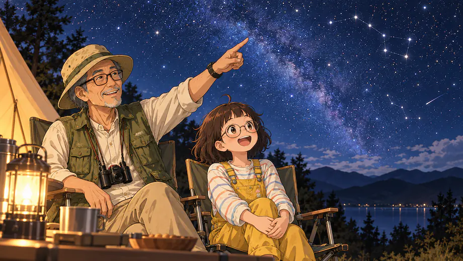 Illustration of the scene described by While looking at the night sky, Grandpa told us about the stars.