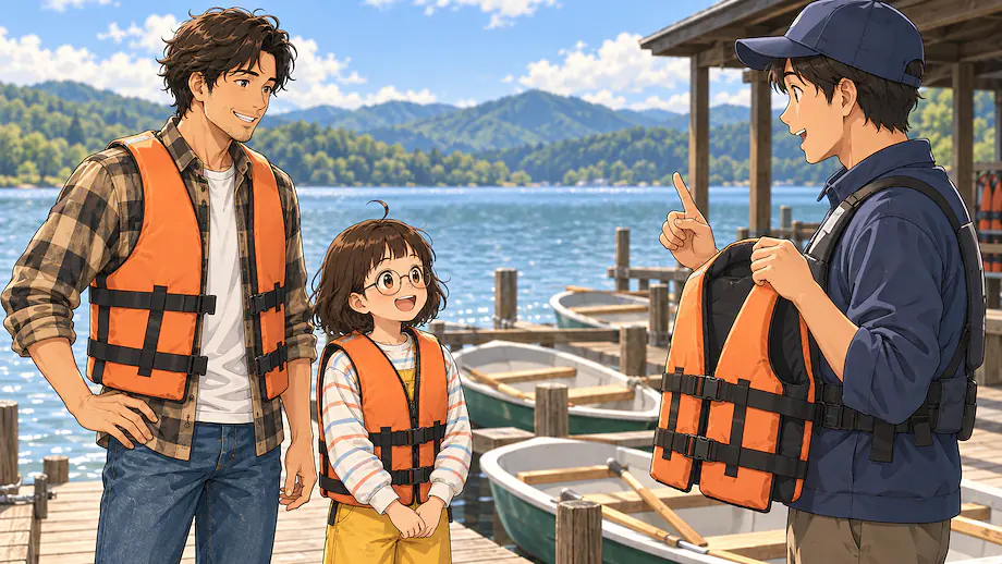 Illustration of the scene described by We listened carefully to safety instructions regarding riding the boat.