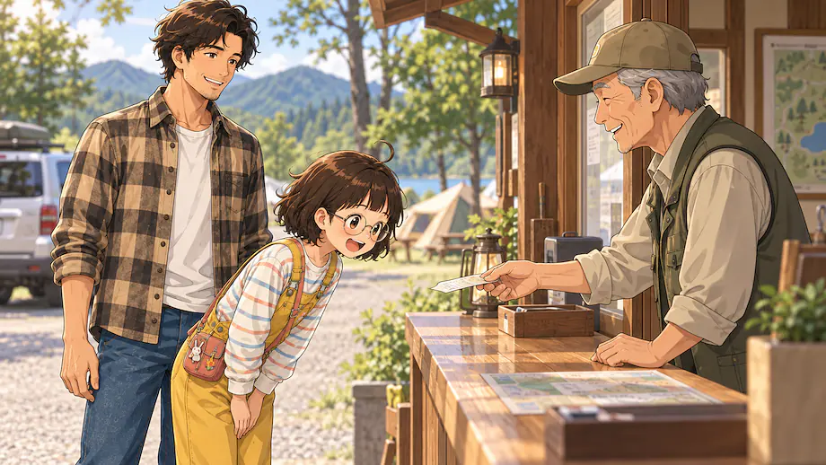 Illustration of the scene described by Mei is always polite toward people older than her.
