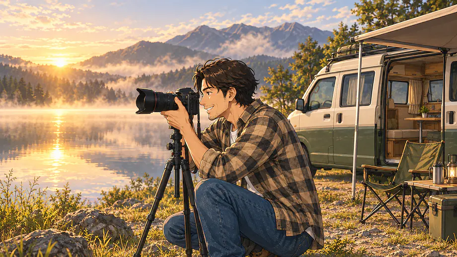 Illustration of the scene described by For my father who loves photography, the morning lake is the best place.
