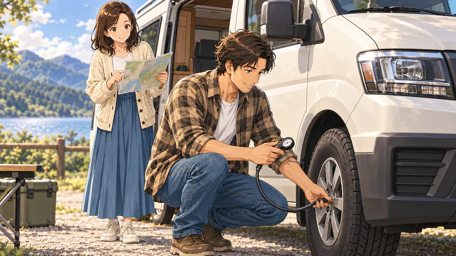 Illustration of the scene described by As the driver, Kenta thoroughly checked the car.