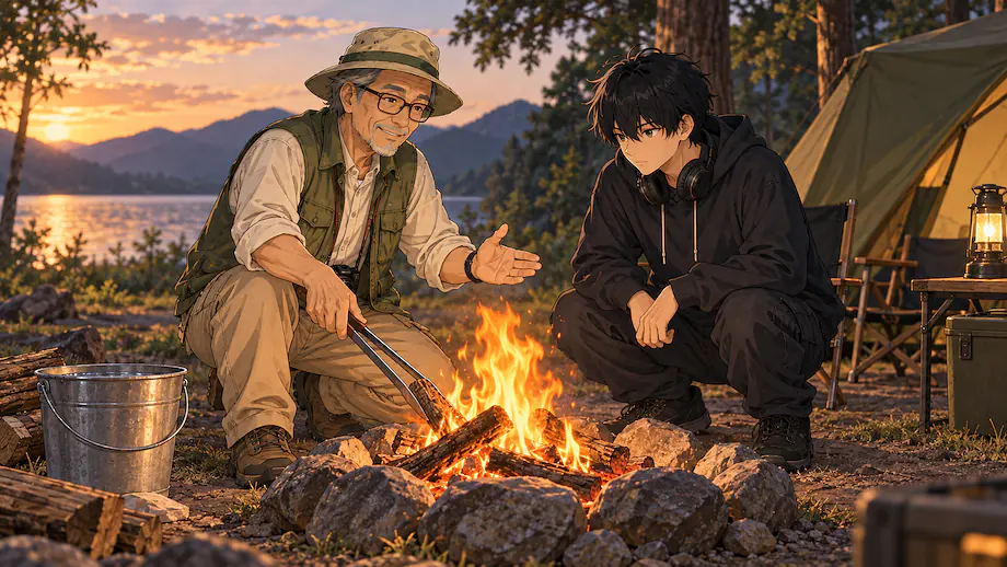 Illustration of the scene described by In camping, the management of fire is very important.