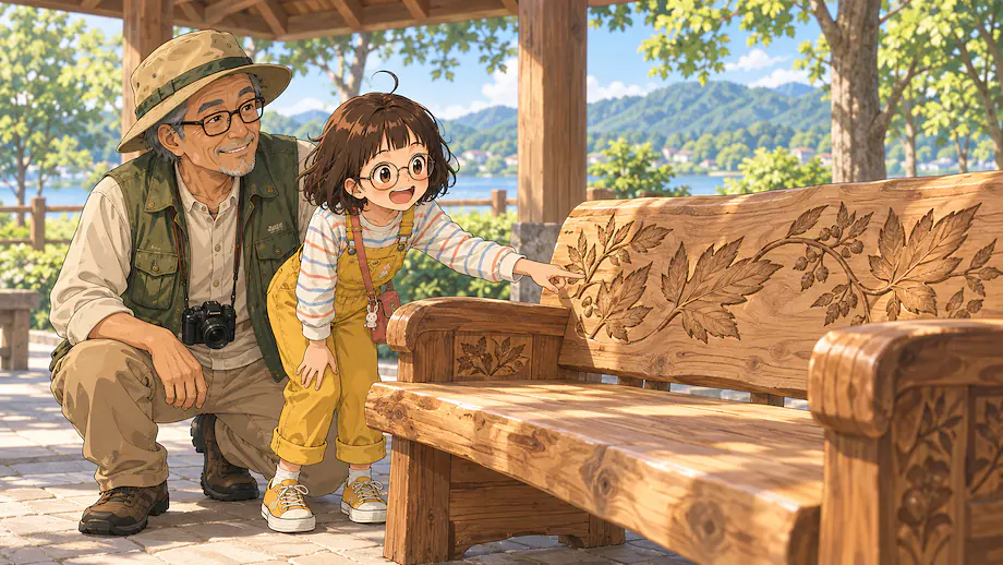 Illustration of the scene described by This wood-carved bench was made by a local artisan.