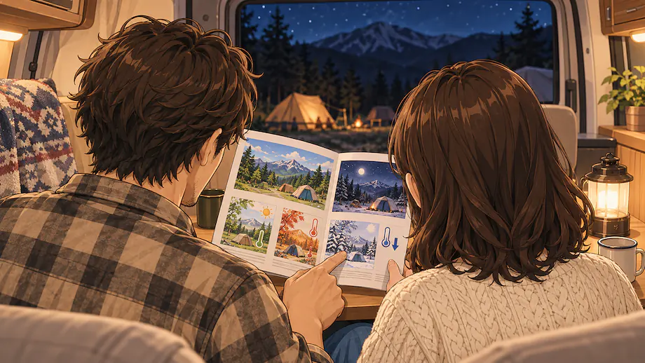 Illustration of the scene described by Depending on the season, campsites can become very cold at night.