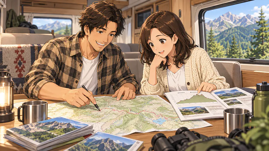 Illustration of the scene described by Based on the map guide data, I made a sensible mountain climbing plan.