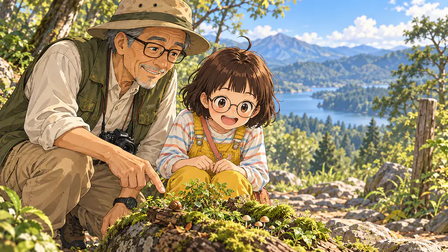 Illustration of the scene described by Through this trip, Mei learned about many wonders of nature.