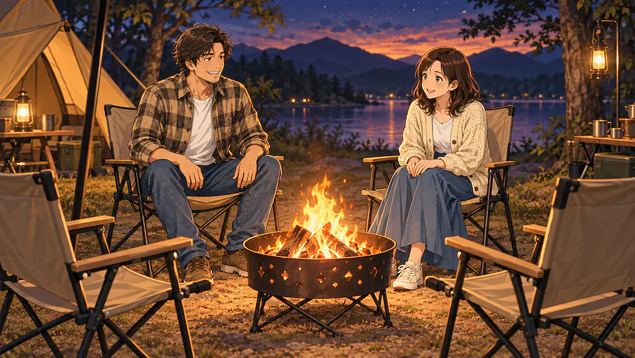 Illustration of the scene described by With the campfire in the center, we lined up chairs together and sat down.