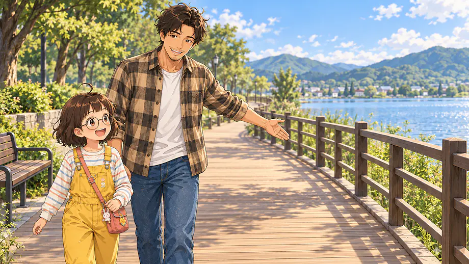 Illustration of the scene described by This walking path is flat, so it is well suited for a family stroll.