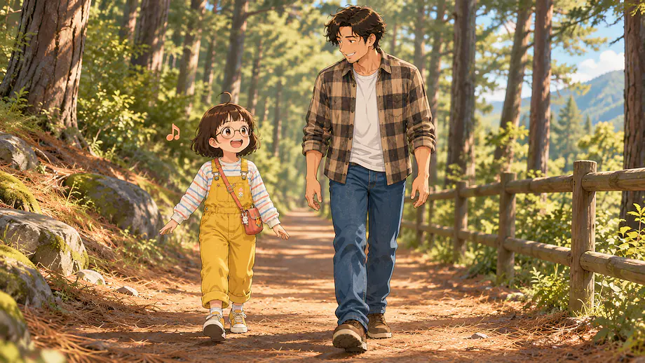Illustration of the scene described by I walked slowly to match Mei’s walking pace.