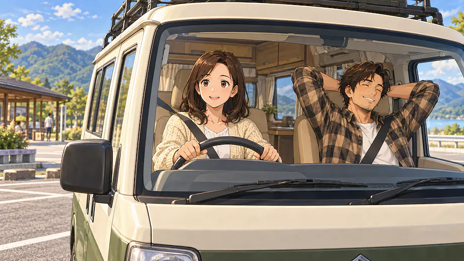 Illustration of the scene described by In place of my tired father, my mother drove the campervan.