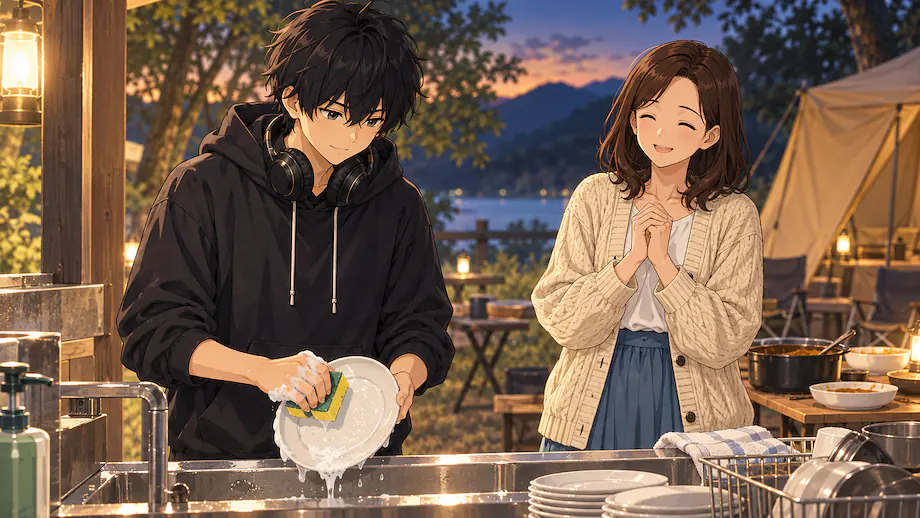 Illustration of the scene described by Mom cooks for him, and in return, Ren washes the dishes.
