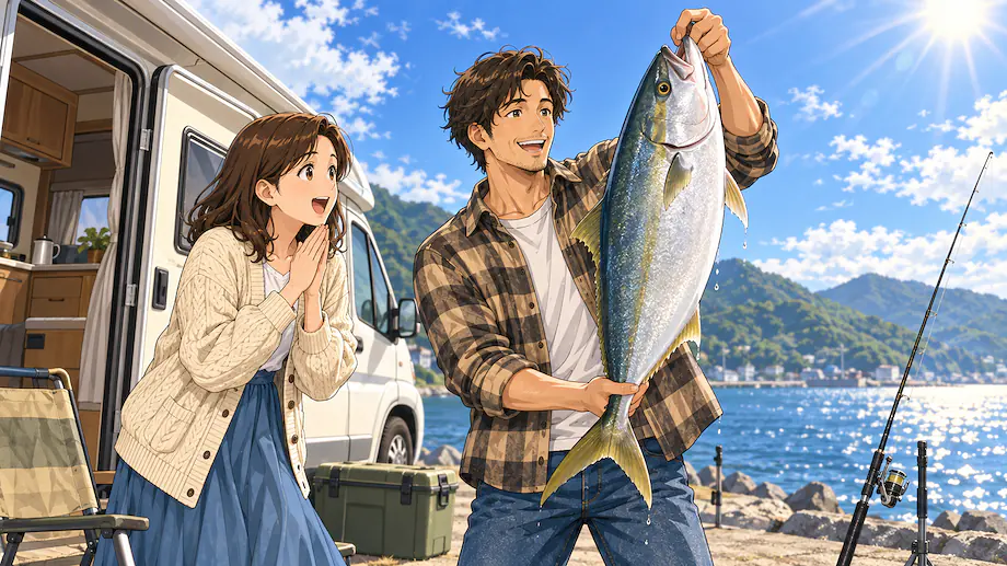 Illustration of the scene described by Contrary to expectations, I caught a huge fish!