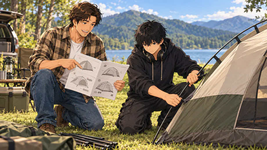 Illustration of the scene described by Following the diagram in the instruction manual, we assembled the new tent.