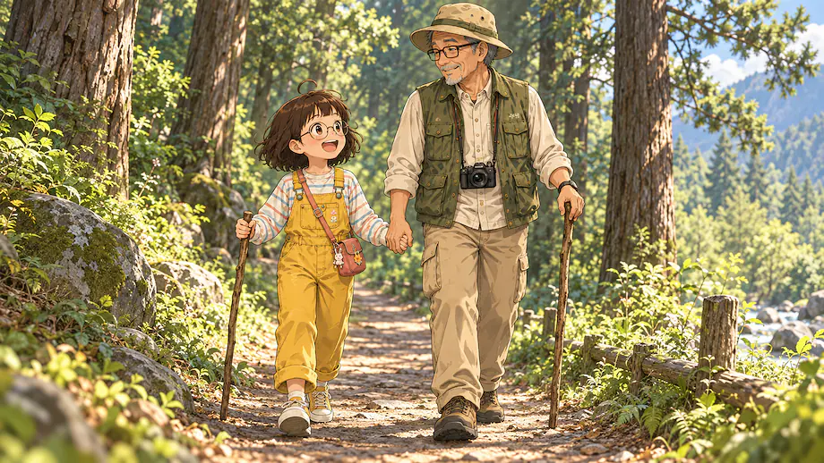 Illustration of the scene described by Mei walked along the quiet forest path together with Grandfather.