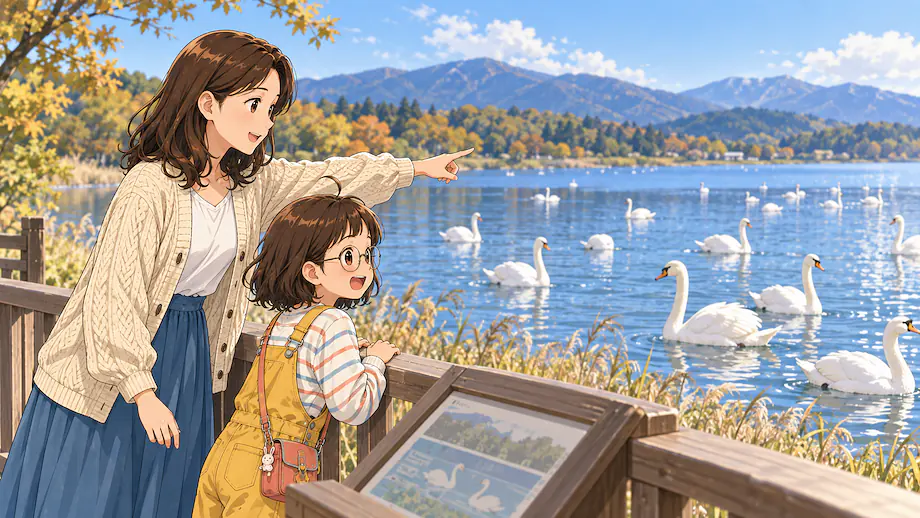 Illustration of the scene described by From the fact that many swans gather here, this lake is called "Swan Lake."