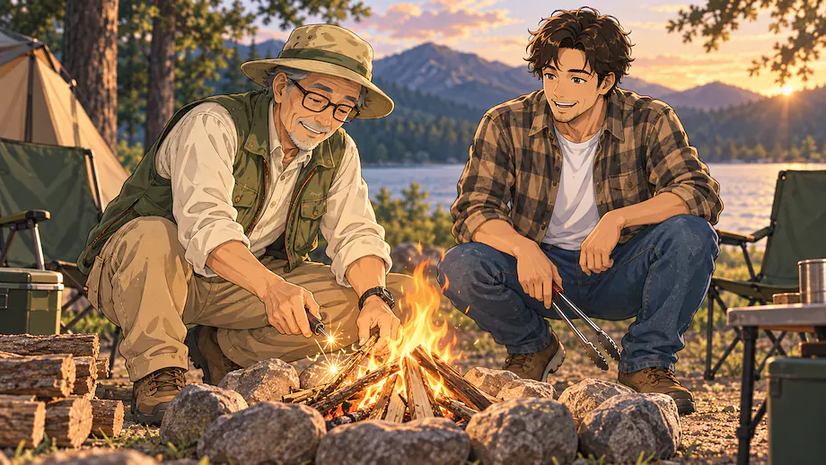Illustration of the scene described by Thanks to Grandpa, we were able to light the campfire right away.