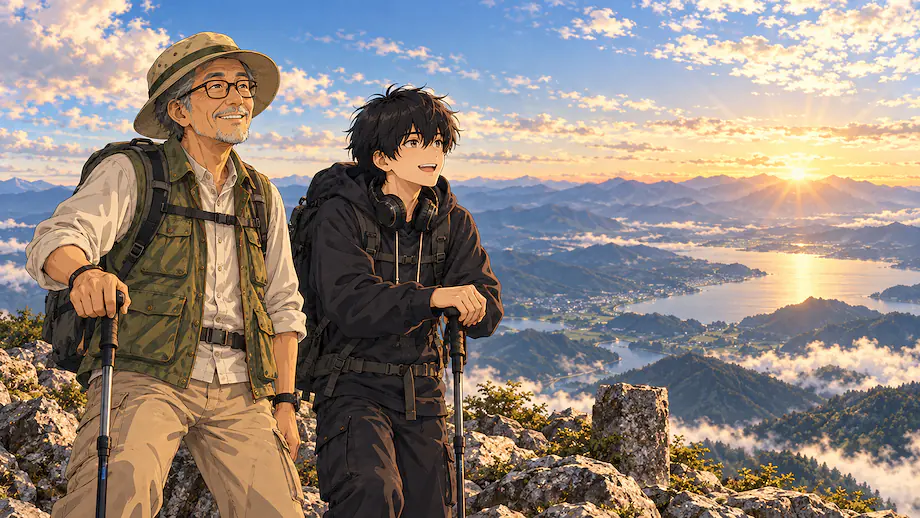 Illustration of the scene described by Precisely because the climb was tough, the view from the mountaintop is special.