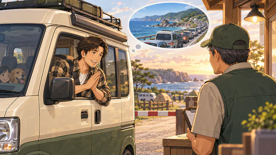 Illustration of the scene described by Because the coastal road was crowded, our arrival ended up being late.