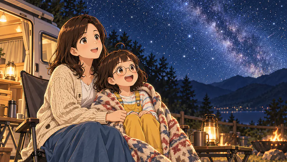 Illustration of the scene described by I love this campsite. That is because the starry sky is so beautiful.
