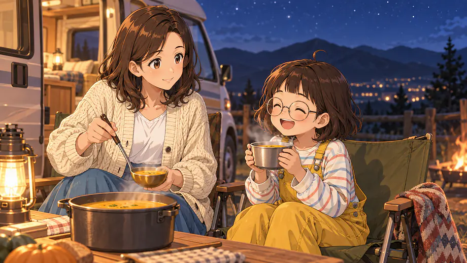 Illustration of the scene described by As long as we have warm soup, we are fine even camping on a cold night.