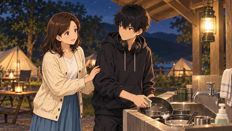 Illustration of the scene described by It is completely fine even if you wash the dishes tomorrow morning.