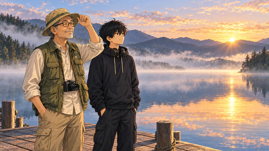 Illustration of the scene described by Whether mist appears or not, the view of the morning lake is very beautiful.