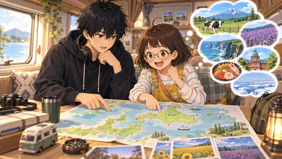 Illustration of the scene described by Supposing we could travel freely for a month, I would want to travel all the way around Hokkaido.