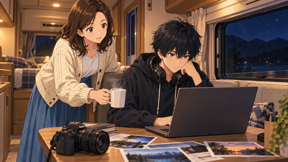 Illustration of the scene described by Even granting that editing photos is fun, staying up late is not good.
