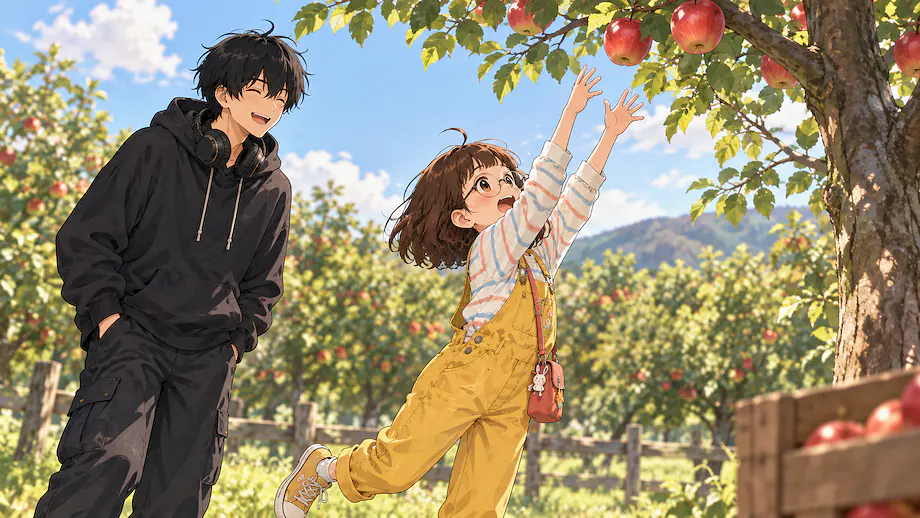 Illustration of the scene described by Even if you stretch your arms, you won't reach the apples high in the tree!