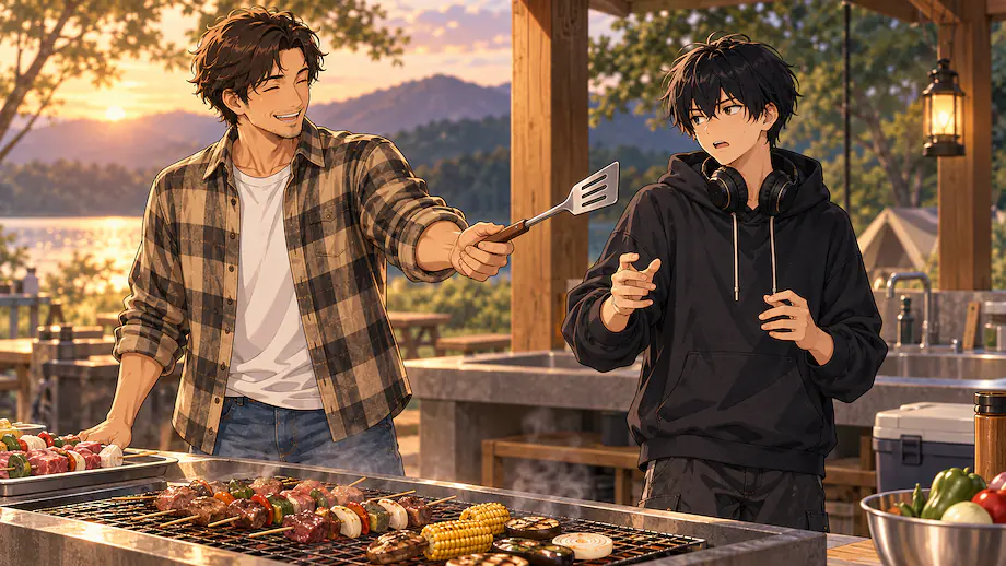 Illustration of the scene described by Rather than complain that you are hungry, try grilling the meat yourself.