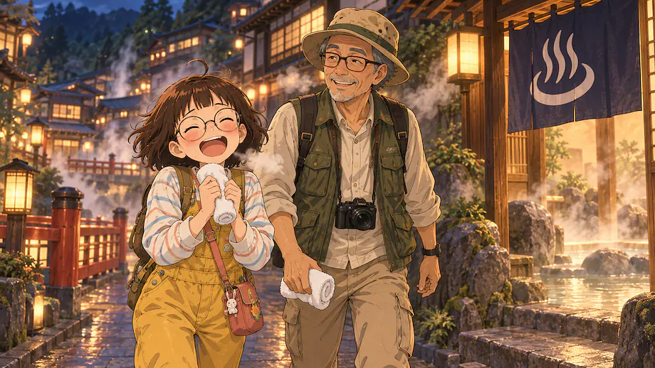 Illustration of the scene described by Because we walked so much, I really, really want to get into a hot spring.