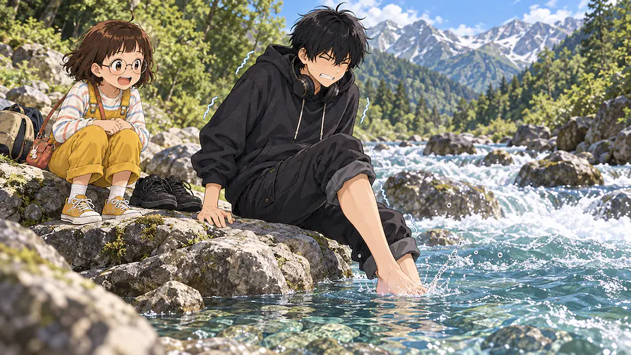 Illustration of the scene described by It's not that I can't swim, but the river water is too cold.
