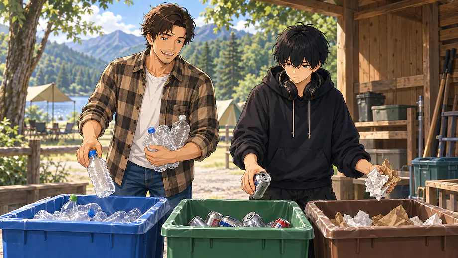 Illustration of the scene described by Since this is a campsite that protects nature, we cannot afford to leave litter scattered around.