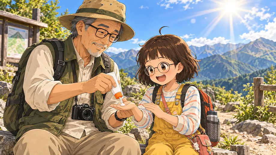 Illustration of the scene described by Because the mountain sunlight is so strong, we simply have to put on sunscreen.