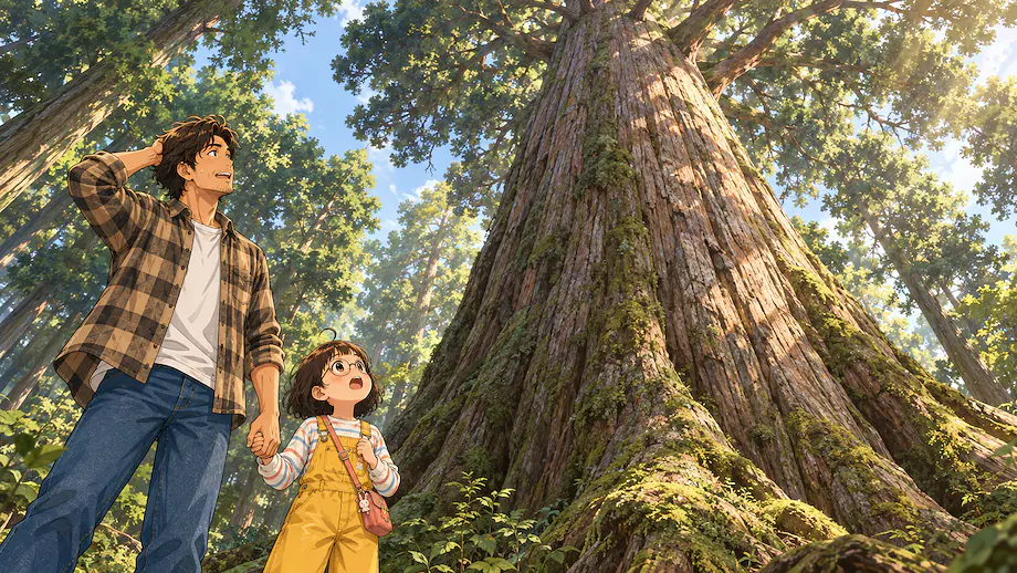 Illustration of the scene described by There is no way I can climb this tall, massive tree.