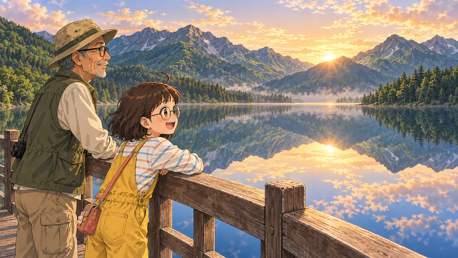 Illustration of the scene described by The quiet lake surface looks just as if it were a giant mirror.