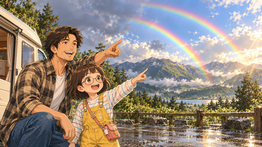 Illustration of the scene described by To our delight, the rain stopped and a beautiful rainbow came into view.