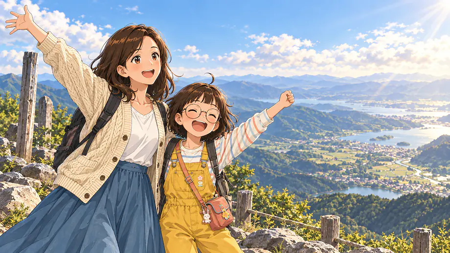 Illustration of the scene described by How happy we were when we finally reached the mountain summit!