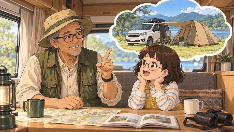 Illustration of the scene described by Auto-camping means camping where you pitch a tent next to your car.
